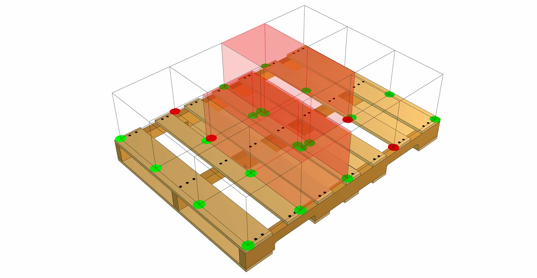 A pallet with overlaid green and red circles along with transparent red and clear boxes on top.