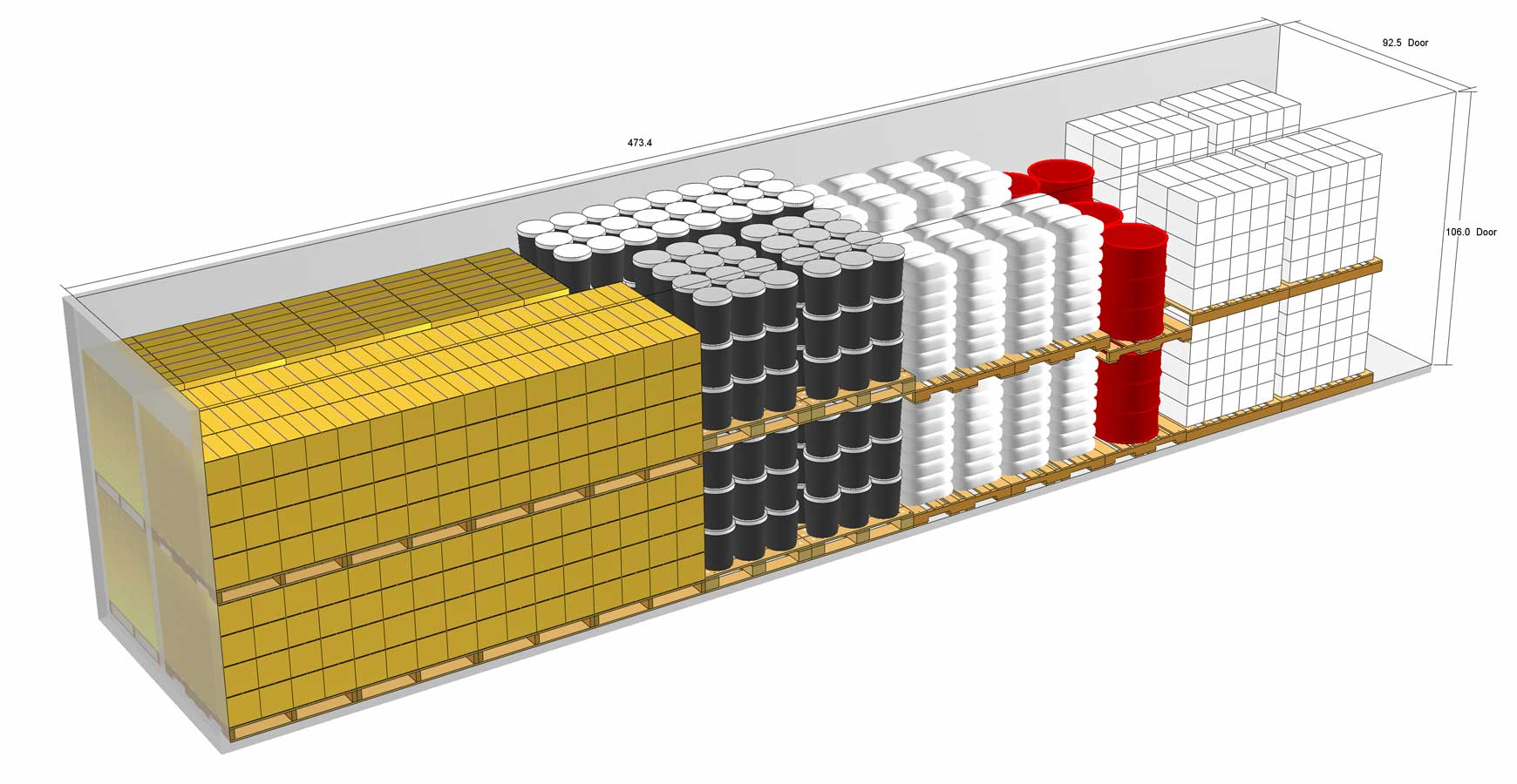 A three quarter view of a computer generated wooden pallet.