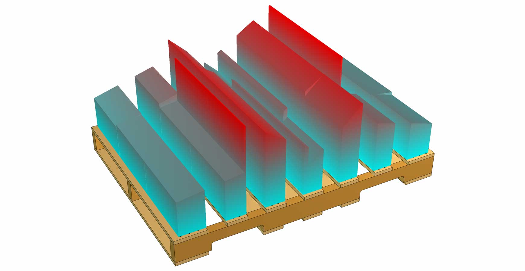 A three quarter view of a computer generated wooden pallet.